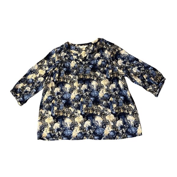 CJ Banks Blouse Womens 1X Blue Beige Cream Rayon 3/4 Sleeve Used - Picture 3 of 16